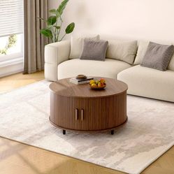 Modern Round Coffee Table with Storage, Solid Wood & Metal Frame, Engineered Wood Top, Space-Saving Design, Hardwood Construction, with Groo