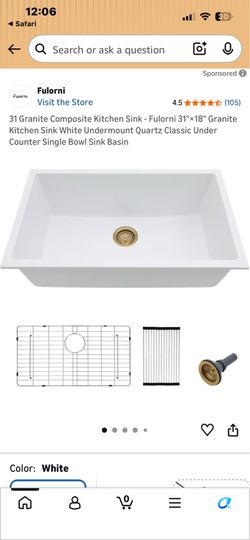 Fulorni 31x18” Granite Composite White Quartz Kitchen Sink with Grid and Stopper