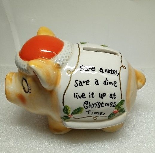 VTG Anthropomorphic Ceramic Christmas Pig 'Save A Nickel Live It Up' Coin Bank 