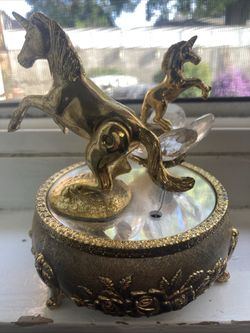 Unicorn Carousel Gold Mirrored Music Box 