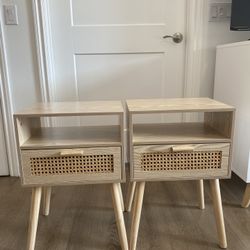 Rattan And Wood Nightstands / End Tables - Set Of 2
