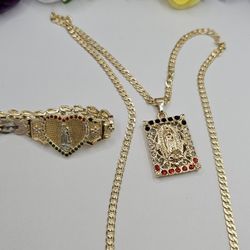 Virgin Mary Set Chain With Bracelet Colors Stones Gold-plated 