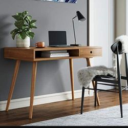 Nathan James Parker Modern Home Office Writing, Computer or Laptop Desk with Open Storage Cubby and Small Drawer, Walnut