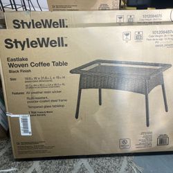 NEW StyleWell Eastlake Woven Outdoor Coffee Table – Black Finish (Tempered Glass Top)