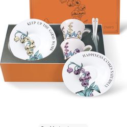 Tea Cup Set With 2 Tea Cups 2 Saucers And 2 Spoon 7 OZ Espresso Coffee Mug Vintage Creativetea Teacup And Saucer Set For Coffee,Tea,Latte, Cappuccino