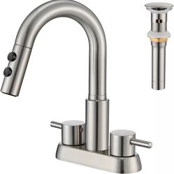 Bathroom Faucet with Pull Down Sprayer 3 Holes, Brushed Nickel 4 inch 2 Handles Centerset Laundry Bar Basin Pull Out Bathroom Sink Faucet with Pop-Up 