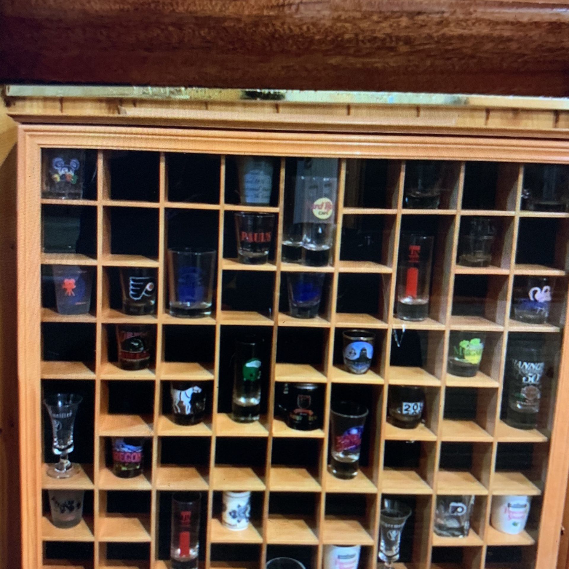 Shot Glass Holder  Like New Wooden Cabinet With Glass Door