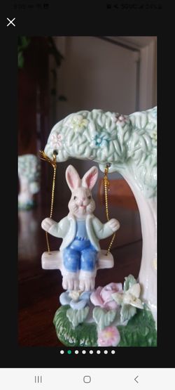 2 Vintage Easter Bunny Swinging Under Tree porcelain Figurine