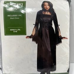 Renaissance Witch Women’s Adult Large/XL (6-10) Black Halloween costume Long Sleeve, black long dress, made China, new in seal bag, stretchy material,