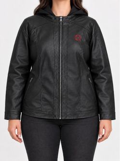 Women’s Black Widow Marvel Faux Leather Hooded Jacket, 5X