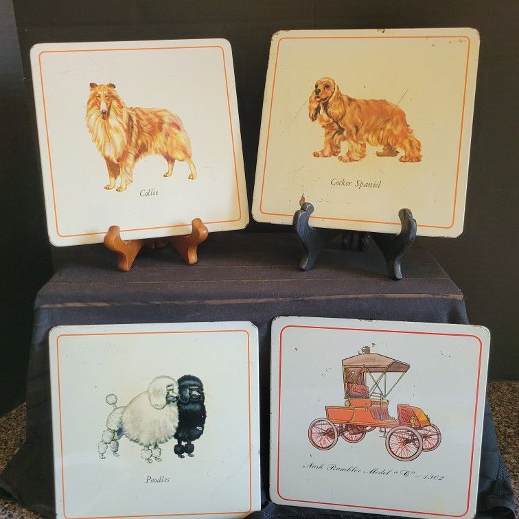 Vintage 4 Dog Print Pro-Tex Tin Metal Trivet/Wall Decor Poodles Collie Spaniel