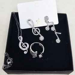 Set Of 3 Music note Necklace Earrings Ring Silver Toned