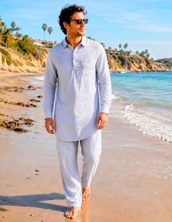 Punjabi Kurta 2-Pc L/S Button Neck Shirt & Drawstring Pants Men's Small Set EUC