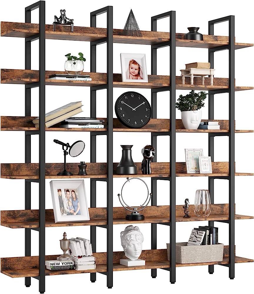 Bookcase and Bookshelves Triple Wide 6-Tiers Large Open Shelves, Etagere Bookcases with Back Fence, Retails $299