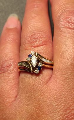 14K Yellow Gold Marquise Baguette & Round Diamond and Sapphire Engagement - Wedding Set