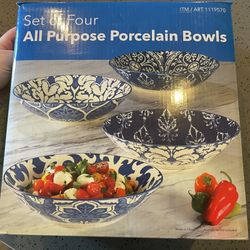 Set Of 4 All Purpose Blue Porcelain Bowls New