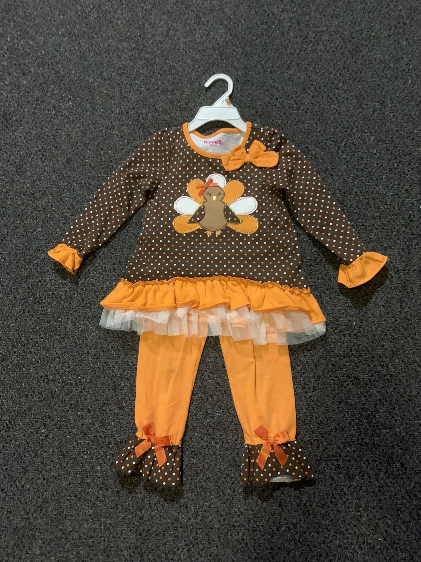 Nannette Kids girls size 3T artsy embroidered turkey Thanksgiving tunic shirt and leggings outfit