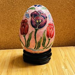 Vintage Pretty Pink Floral Cloisonne Egg With Brass Stand