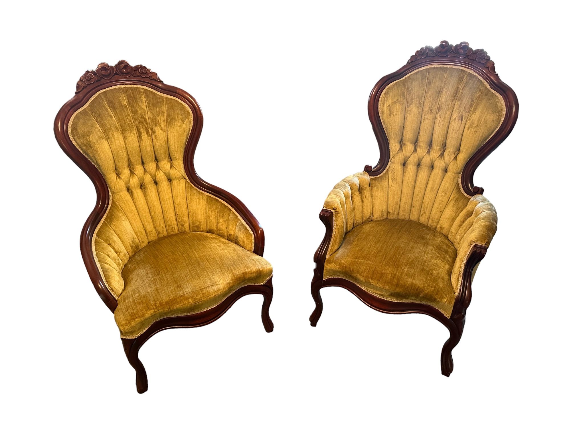Vintage Victorian Parlor Chairs Gold Velvet Carved Mahogany Ladies & Gentleman’s