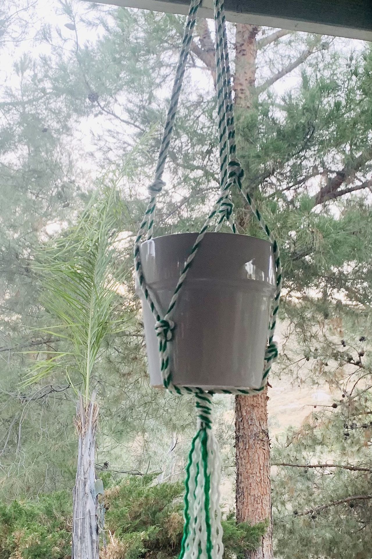 Macrame green and white hanging plant holder pot Garden indoor outdoor