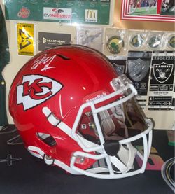 Kansas City Chiefs Signed Autographed Full Size Football Helmet Signed By Skyy Moore with smoke mirror visor Gold label Chiefs Logo beckett C.O.A Holo