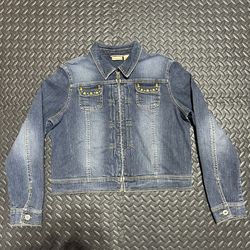 Ruff Hewn Jean Jacket Women’s Size Large Well Worn Embroidery Floral Denim Beads