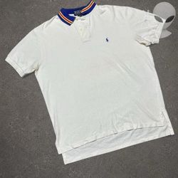 Polo Ralph Lauren Polo Shirt Mens L White Blue Striped Tipped Collar Vintage