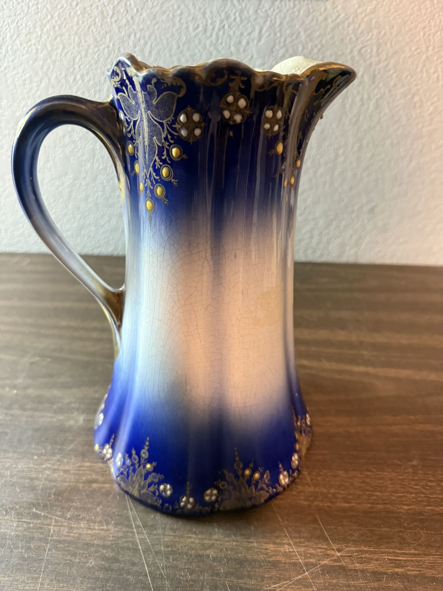 VINTAGE Antique COBALT BLUE GOLD TRIM K & G LUNEVILLE FRANCE PITCHER
