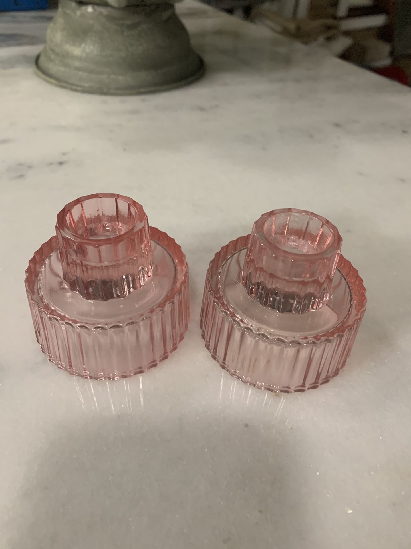 Rose pink glass candle holder set