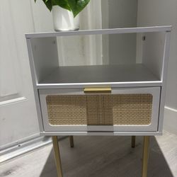 Rattan Wood Accent Side Table with Storage for Living Room or Bedroom, 1-Piece, White/Gold