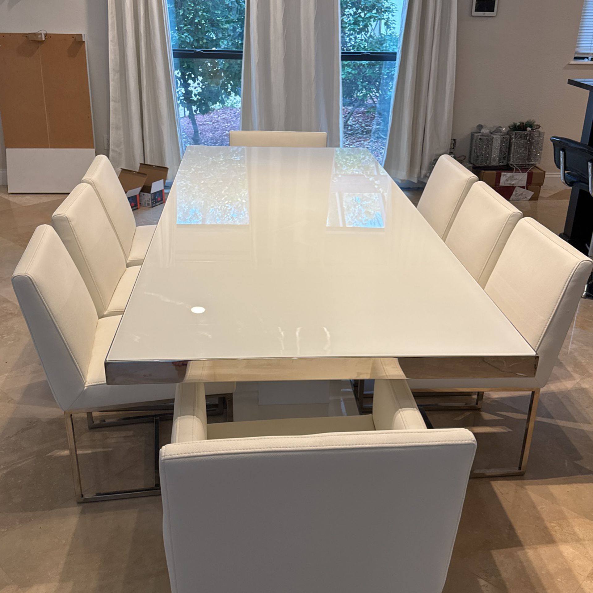 GORGEOUS Frosted Glass/Stainless steal 94" Rectangular Table And 8 Chairs