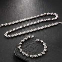 2-Pcs Uniquely Crafted Titanium Engraved Skull Necklace & Bracelet Set 
