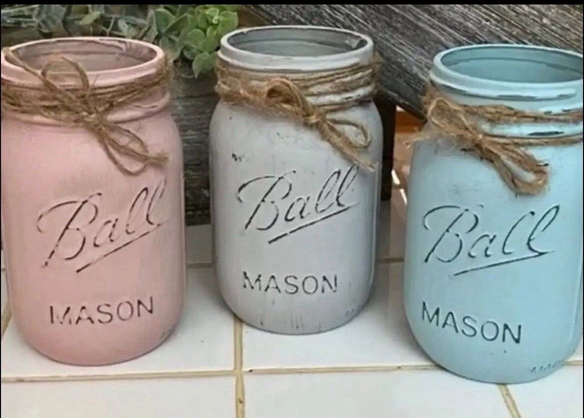Chalk painted distressed PINT mason jars gift wedding - pink gray blue