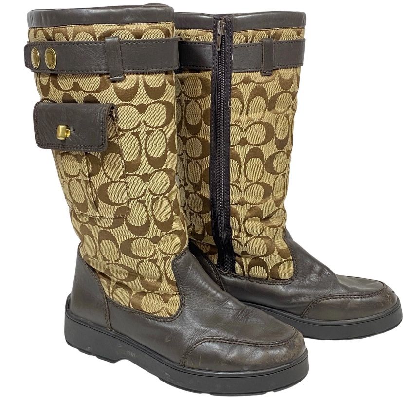 Vintage Coach KAYLA Rain Winter Boots Size 7 Logo Leather Canvas Pocket A7225