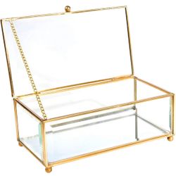 Vintage Gold Glass Keepsake Box Jewelry Holder Desktop Organizer, Decorative Accent, Vanity, Wedding Bridal Party Gift, Beveled Glass Boxes, Golden (M