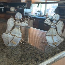 Vintage Capiz Shell Angel set one holding trumpet and the other blowing horn Christmas decors