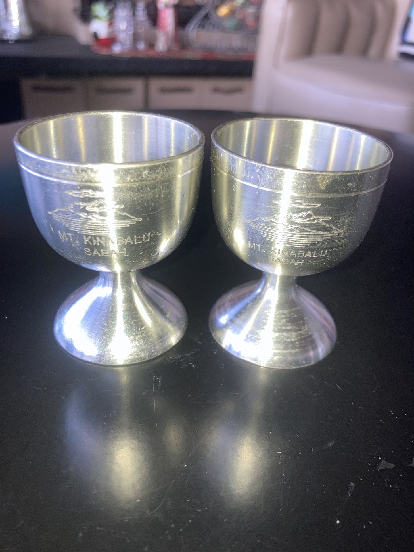 Vintage pewter Shot Glasses Mt Kinabalu Inscribed
