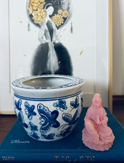 Vintage Blue & White Porcelain Butterfly Pot | Hand-Painted Chinese Ceramic Planter