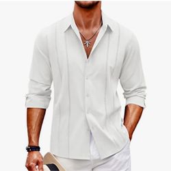 COOFANDY Mens Cuban Guayabera Shirt Casual Button Down Shirts Long Sleeve Summer Beach Shirts. Size S