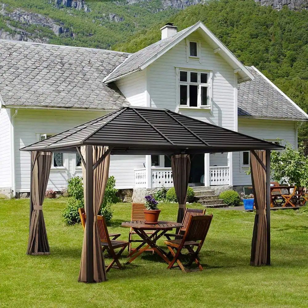 10'x12' Patio Metal Hardtop Gazebo with Fully Enclosed Zip Curtains and Breathable Mesh, Outdoor Metal Hardtop Gazebo Canopy Tent for Garden, Jacuzzi