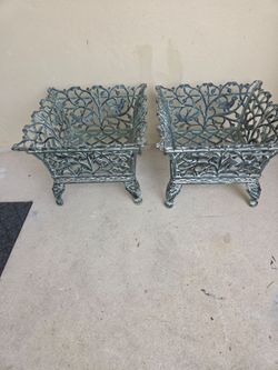 Matching Pair of Vintage Iron Planters with Birds & Lions Faces