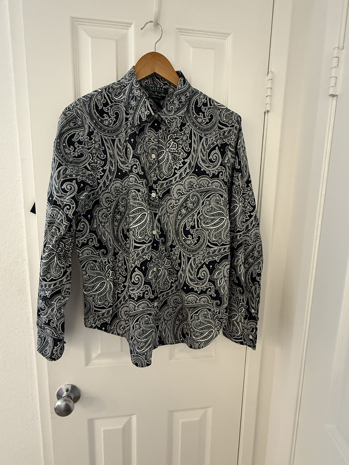 Ralph Lauren Black & White Paisley Button Down Shirt, Size XL