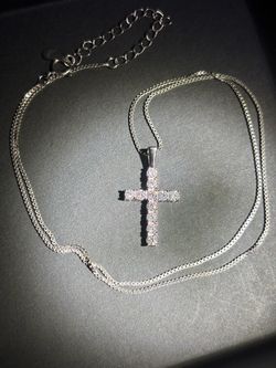 Silver Cross Pendant Necklace with moissanite Stones