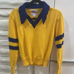 Vintage 1970s American Varsity Cheerleader Yellow Blue Collar Knit Sweater