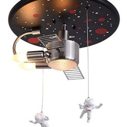LITFAD LED Ceiling Lamp Space Ship Kids Bedroom Ceiling Light with Astronaut Metal Creative Modern Semi Flush Ceiling Light Pendant Lighting in Black 