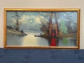 Vintage c1940s Midcentury Oil Painting Moonlit Lake Campfire by Mystery Artist
