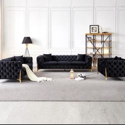 Brand New Elegant Black Tufted Sofa Loveseat 