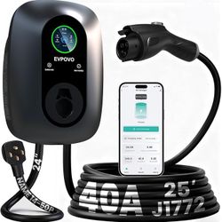 Level 2 EV Charger 40 Amp, NEMA 14-50 Plug, Electric Vehicle, 220-240V, 25 Foot Cable, WiFi App Control, Wall Mountable, J1772, Ford, Chevrolet, Jeep
