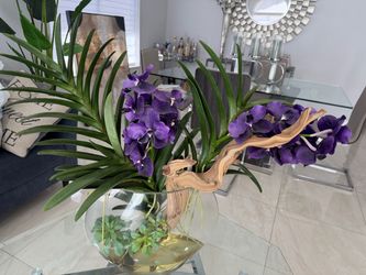 Purple Vanda Orchid in Glass Bowl with Driftwood