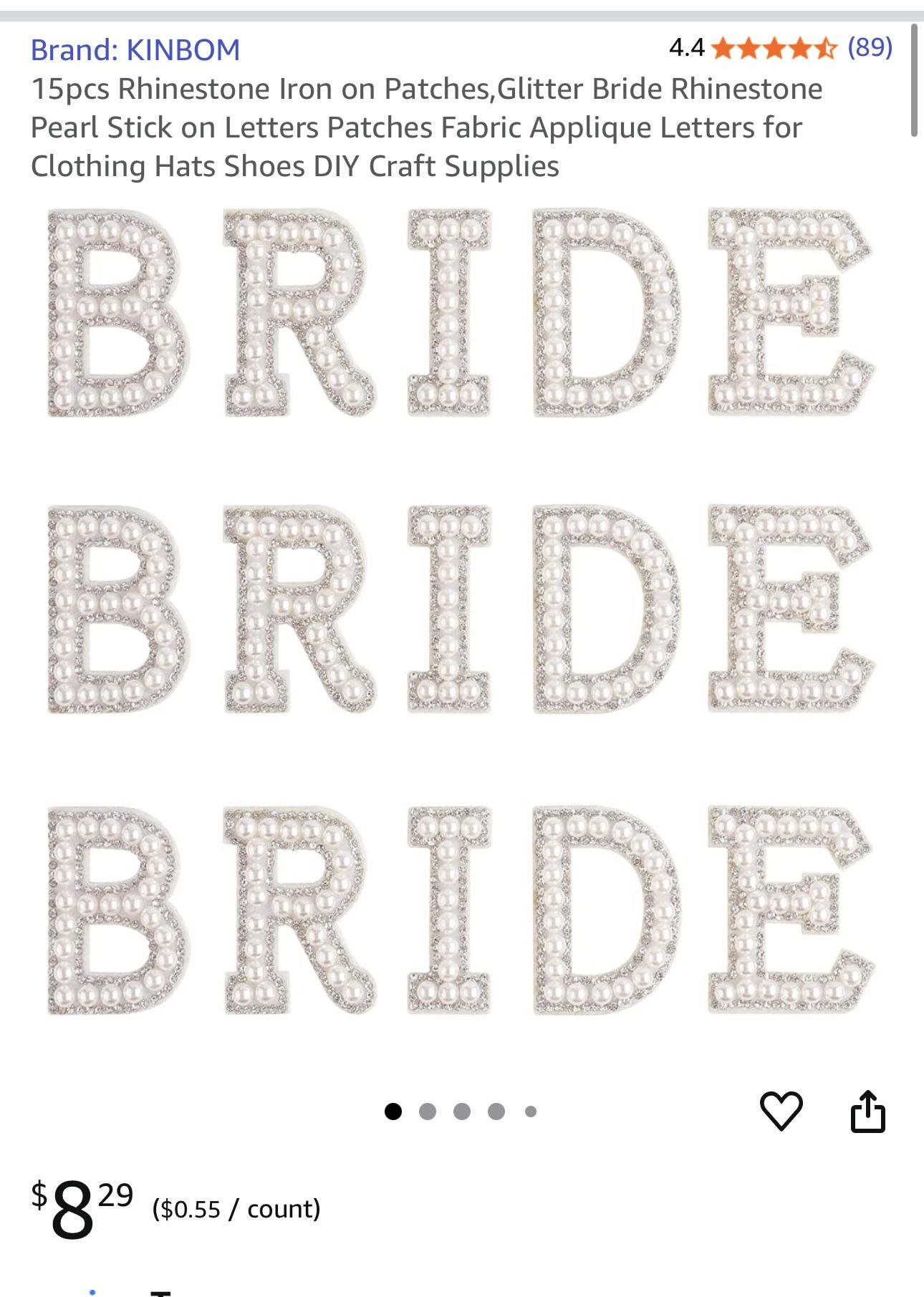 Bride Rhinestone Pearl Iron On Letters